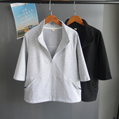 卫衣拉链口袋外套中老年妈妈立领拉链开衫 春夏实用 纯棉透气半袖