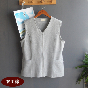 显瘦纯棉修身 双面棉V领拉链开衫 大码 背心春秋新款 马甲卫衣女无袖