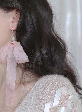 粉色蝴蝶结丝带珍珠耳环 度假感仙气显脸小显白耳夹长耳坠夸张