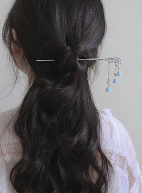 baby blue温柔浅蓝色铃兰流苏发簪 温柔纯欲秋冬盘发半扎簪子