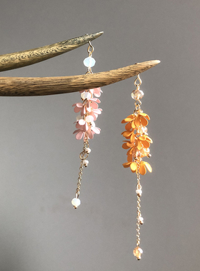 SUZEE原创设计 绿檀木黄色花朵桂花流苏发簪气质古风汉服盘发发饰