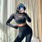 REYNA INTERNET CELEBRITY FITNESS LONG SLEEVE WOMENS SHORT CHEST LEAKY SEXY YOGA FITNESS HOODED PULLOVER RUNNING OUTSIDE THE TIDE