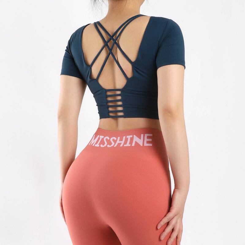 REYNA NET RED CROP TOP EXERCISE SHORT SLEEVE CHEST PAD BEAUTIFUL BACK SLIM BREATHABLE QUICK-DRYING SHORT RUNNING YOGA FITNESS T