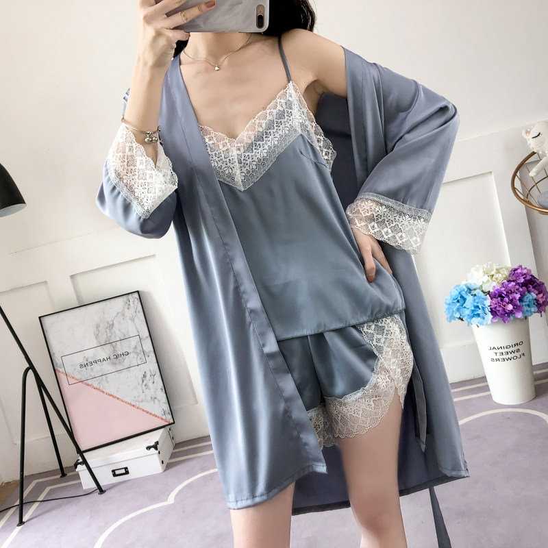 女士性感睡衣女夏季仿真丝长袖春秋薄款蕾丝吊带可外穿三件套装