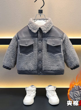 男童皮毛一体棉服冬季加绒加厚保暖外套中大童洋气夹克拼皮毛毛衣