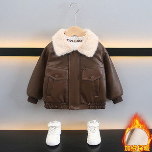 男童冬季毛毛领皮衣加厚夹克开衫加绒保暖外套中大童洋气工装皮衣