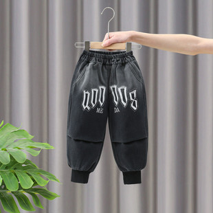 子街头风 时髦宽松一体绒裤 男童渐变色字母绣花加绒牛仔裤 休闲长裤
