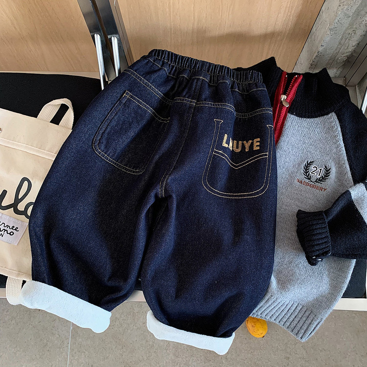 男童秋冬季加绒牛仔裤儿童洋气休闲长裤宝宝宽松直筒裤一体绒裤子