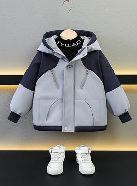 男童冬装加绒加厚冲锋衣连帽拼色防风外套冬季保暧棉服潮中童棉袄