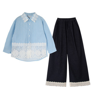 儿童法式甜美风蕾丝拼接翻领衬衫套装女童春季设计感阔腿裤两件套
