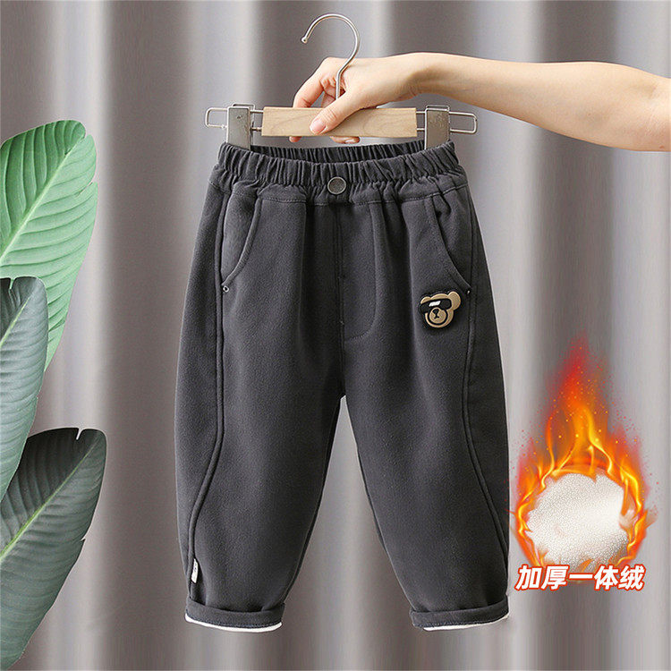 男童加绒休闲裤秋冬季儿童装卡通贴布一体绒裤子宝宝保暖长裤帅气