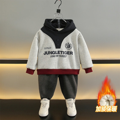 男童秋冬字母印花加绒卫衣牛仔裤套装中大童一体绒上衣长裤两件套