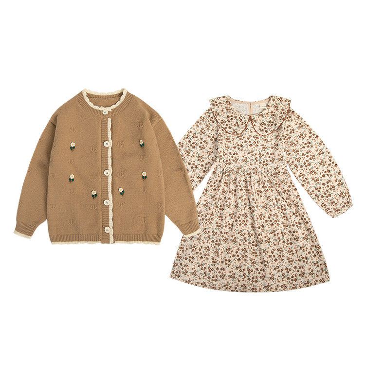 女童甜美针织开衫碎花连衣裙两件套春季中大童洋气外套裙子套装春