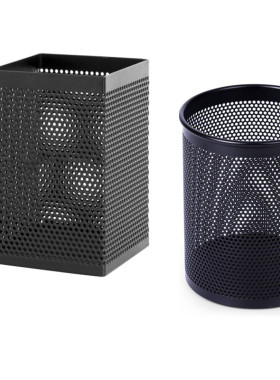 得力金属笔筒黑色网状单层笔座桌面文具小收纳筒 方形908 圆形909