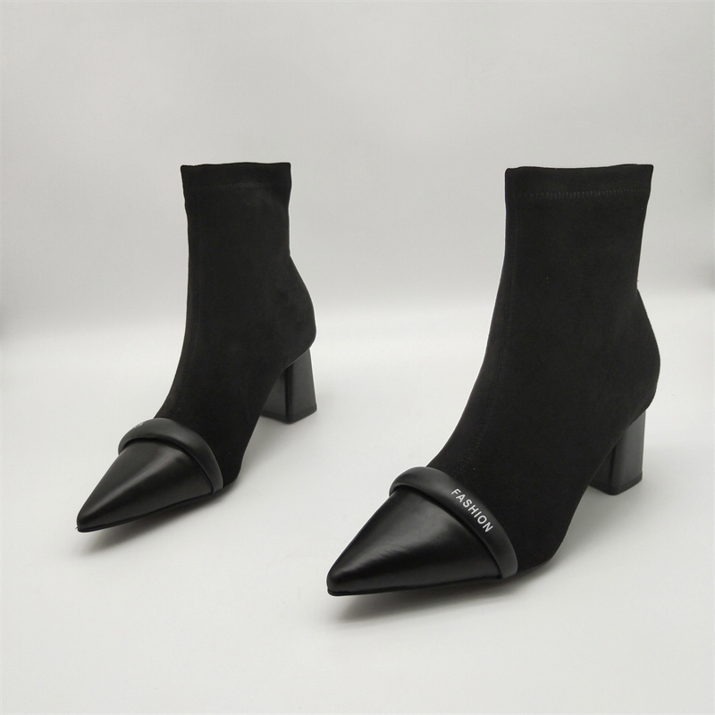 断码处理2025新款真皮胎牛皮拼接弹力绒粗跟套筒瘦瘦靴时尚女单靴