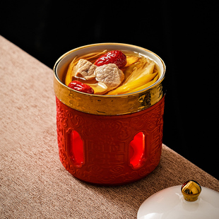 新中式宫廷风位上大红色陶瓷保温炖盅狮子头鱼翅盅汤盅特色餐具