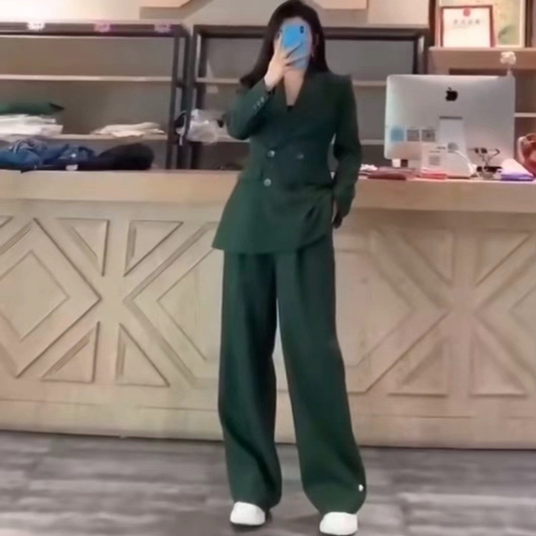 原高端小众女王范双排扣气质修身真丝羊毛西服直筒裤套装职业西装