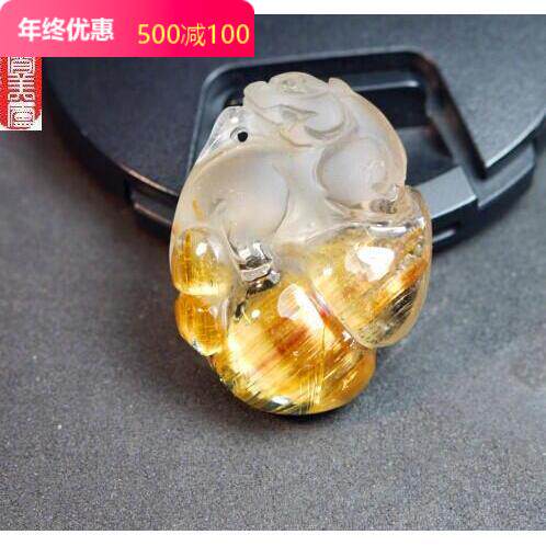 豪华天然全透全顺满发金发晶钛晶板金吊坠把件摆件貔貅迎新特价