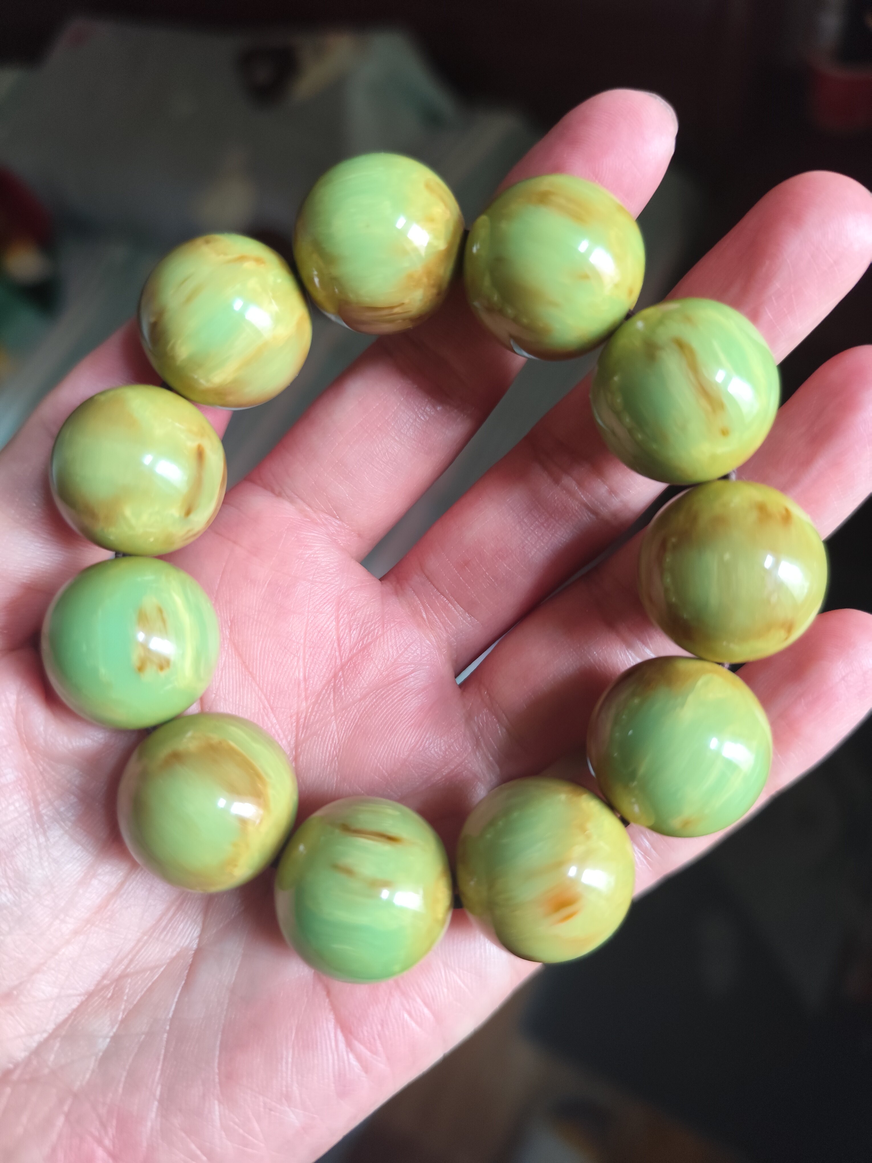 中东蜜蜡古董蜜蜡魅影蓝绿雪山大手串圆珠古朴天青变豆青色独家