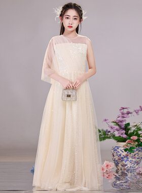 香槟色女童走秀礼服2026新款单肩蓬蓬纱裙儿童钢琴演奏演出礼服