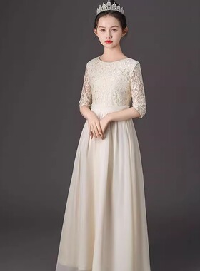 高端齐地女儿童钢琴长款黑色舞台礼服古筝大小提琴演奏表演服蕾丝