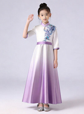2026新款紫色中式国风大合唱演出服女童刺绣古筝诗歌朗诵表演礼服