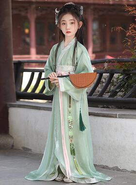 绿色森系女童春秋战国袍2026新款古装儿童古装表演小拖尾演出服