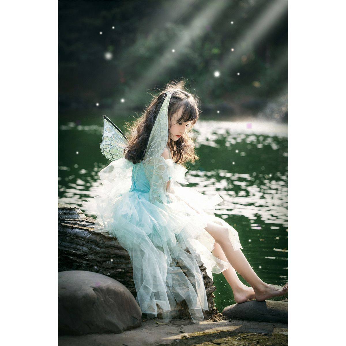 女童精灵装带蝴蝶翅膀7万圣节COS蝴蝶仙子裙儿童摄影仙女薄荷绿6