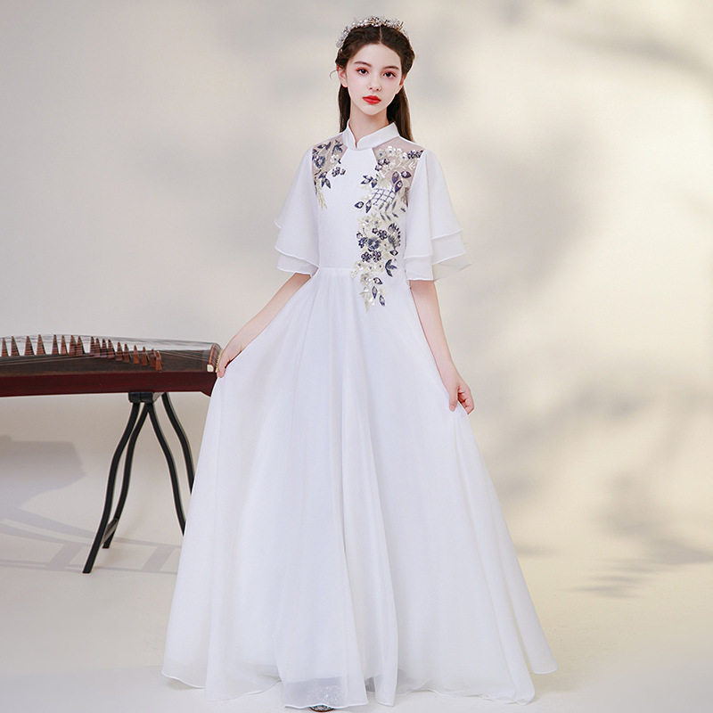 女童古筝服新款白色新中式立领飘逸二胡民乐演出服儿童琵琶演奏服