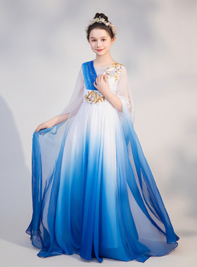 古筝演出服女童声乐艺考蓝色渐变色仙中国风独唱比赛民乐演出服