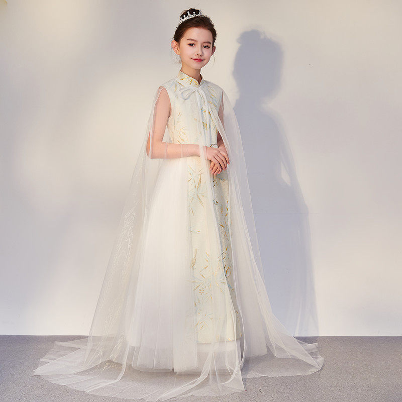 儿童古筝演出服中国风杏色古典舞台表演服小女孩民乐独奏合唱礼服