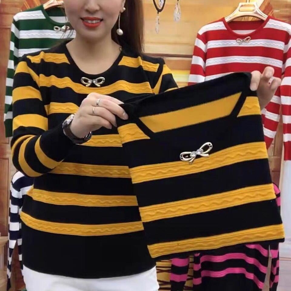 春秋薄款妈妈装圆领条纹长袖针织