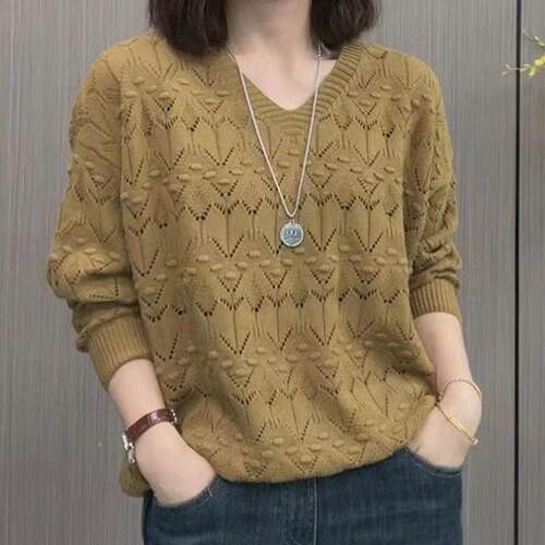 早春女装2025新款V领长袖针织衫时尚洋气百搭毛衣女士镂空上衣潮