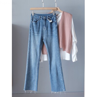 自然腰拉链毛边微喇裤牛仔裤