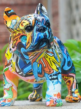 彩色涂鸦坐姿法斗犬宠物狗