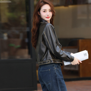 短款翻领皮衣外套女美港式复古女士美拉德2025秋新款皮夹克上衣