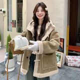 皮毛一体外套冬季女加厚羊羔毛连帽2024新款复古设计感小众棉服袄，女装短外套，浙宝125