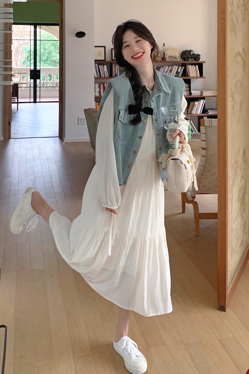 开春穿搭牛仔马甲白色连衣裙套装女春季2025新款甜美减龄两件套女,女装套装/套裙,浙宝125