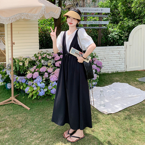 撞色拼接假两件连衣裙女夏季2025新款韩版宽松遮肚设计感休闲长裙图片