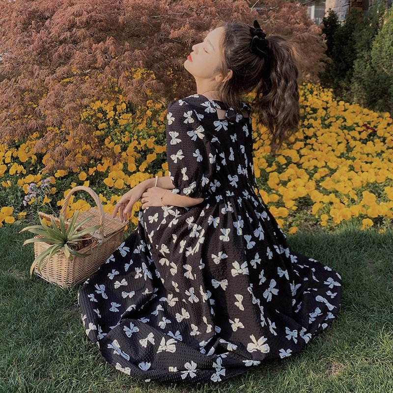 新款2022夏季满印蝴蝶结法式气质显瘦连衣裙9020-P105-控158，女装连衣裙，浙宝125