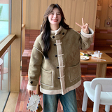 皮毛一体外套冬季女加厚羊羔毛连帽2024新款复古设计感小众棉服袄，女装短外套，浙宝125