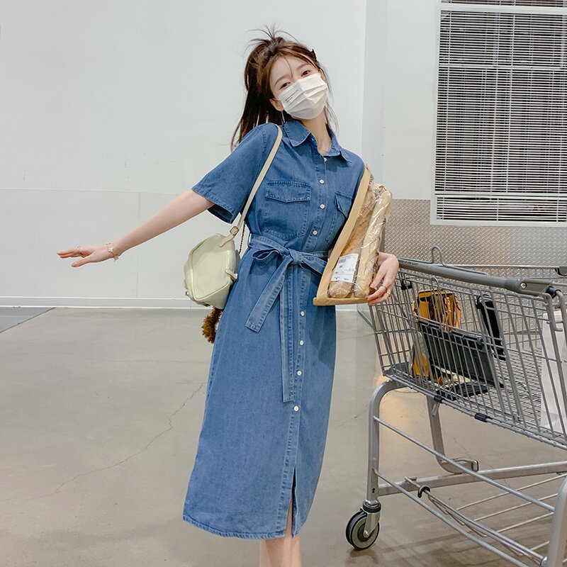 复古工装薄款牛仔衬衫连衣裙女夏2025新款气质收腰显瘦绑带长裙子,女装连衣裙,浙宝125
