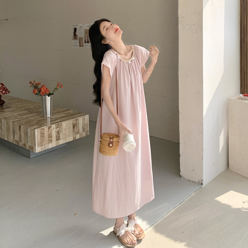 法式温柔风粉色连衣裙女2025夏季新款甜美超好看海边度假露背长裙,女装连衣裙,浙宝125