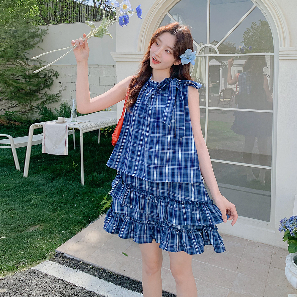 蓝色夏日漂亮小个子连衣裙女2025新款设计感木耳边无袖格子背心裙，女装连衣裙，浙宝125