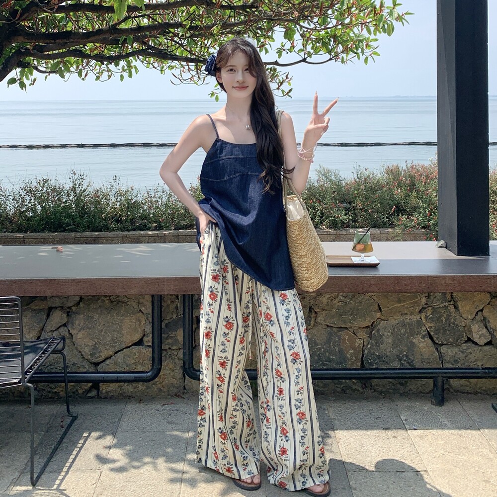 新款现货牛仔吊带碎花阔腿裤套装2D003-A30-P165-控238,女装套装/套裙,浙宝125