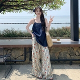2025夏季新款设计感时尚牛仔吊带背心高腰印花阔腿休闲裤两件套装，女装套装/套裙，浙宝125