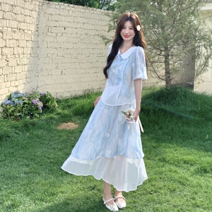 时尚套装气质连衣裙甜美法式女装温柔显瘦夏季长裙短袖碎花小个子