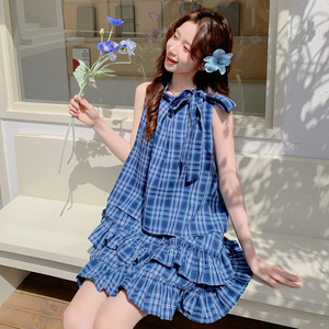 蓝色甜美复古格子荷叶边无袖挂脖裙2025夏季新款小个子拼接连衣裙图片
