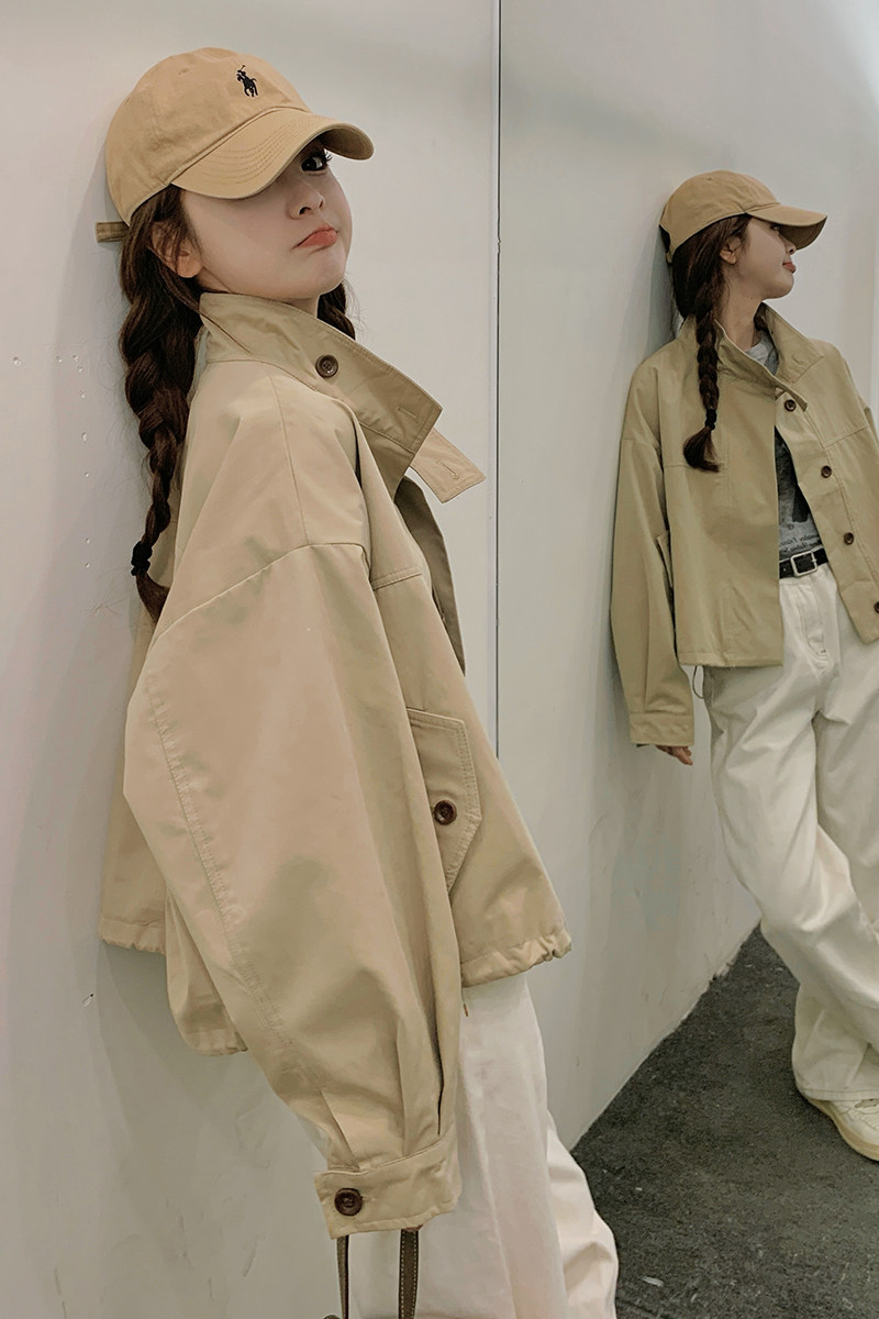 卡其色流行工装风衣外套短款女2025春秋新款日系休闲立领夹克上衣,女装风衣,浙宝125