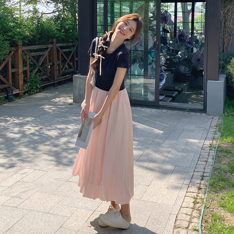 粉色针织拼接假两件连衣裙女夏季气质显瘦甜美温柔风显身材长裙子,女装连衣裙,浙宝125